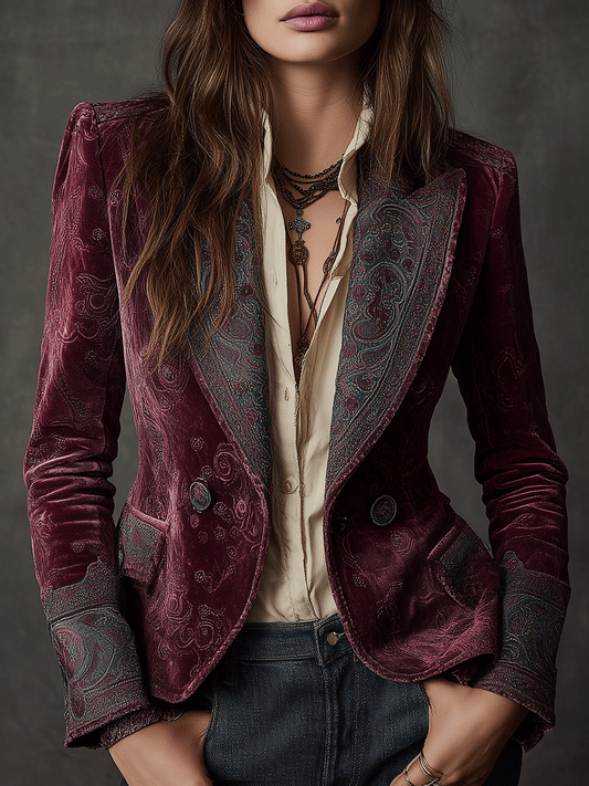 Vintage Burgundy Velvet Paisley Trim Blazer