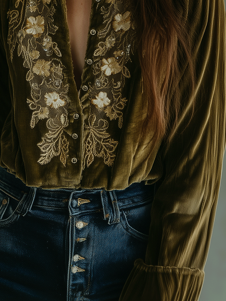 Olive Green Velvet Floral Embroidered Blouse