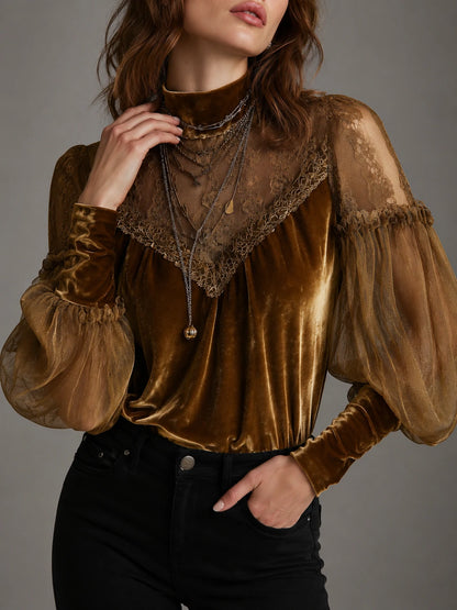 Retro Gold Velvet Lace Patchwork Balloon Sleeve Blouse