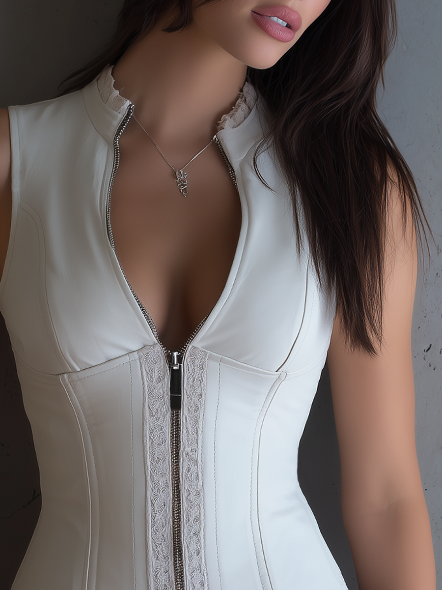 Retro Zipper Lace Stand Collar Eco-Friendly Leather Vest