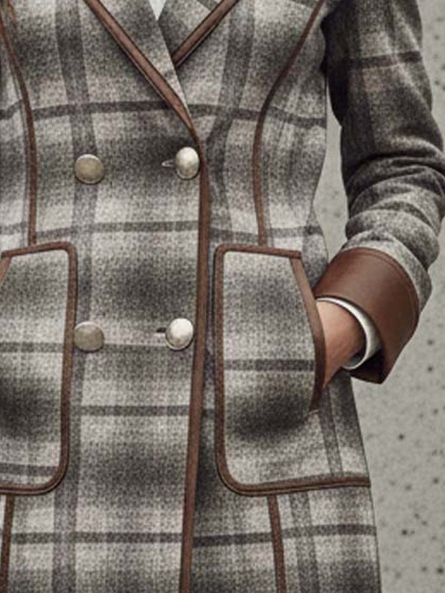 Plaid Print Faux Suede Coat With Leather Trim