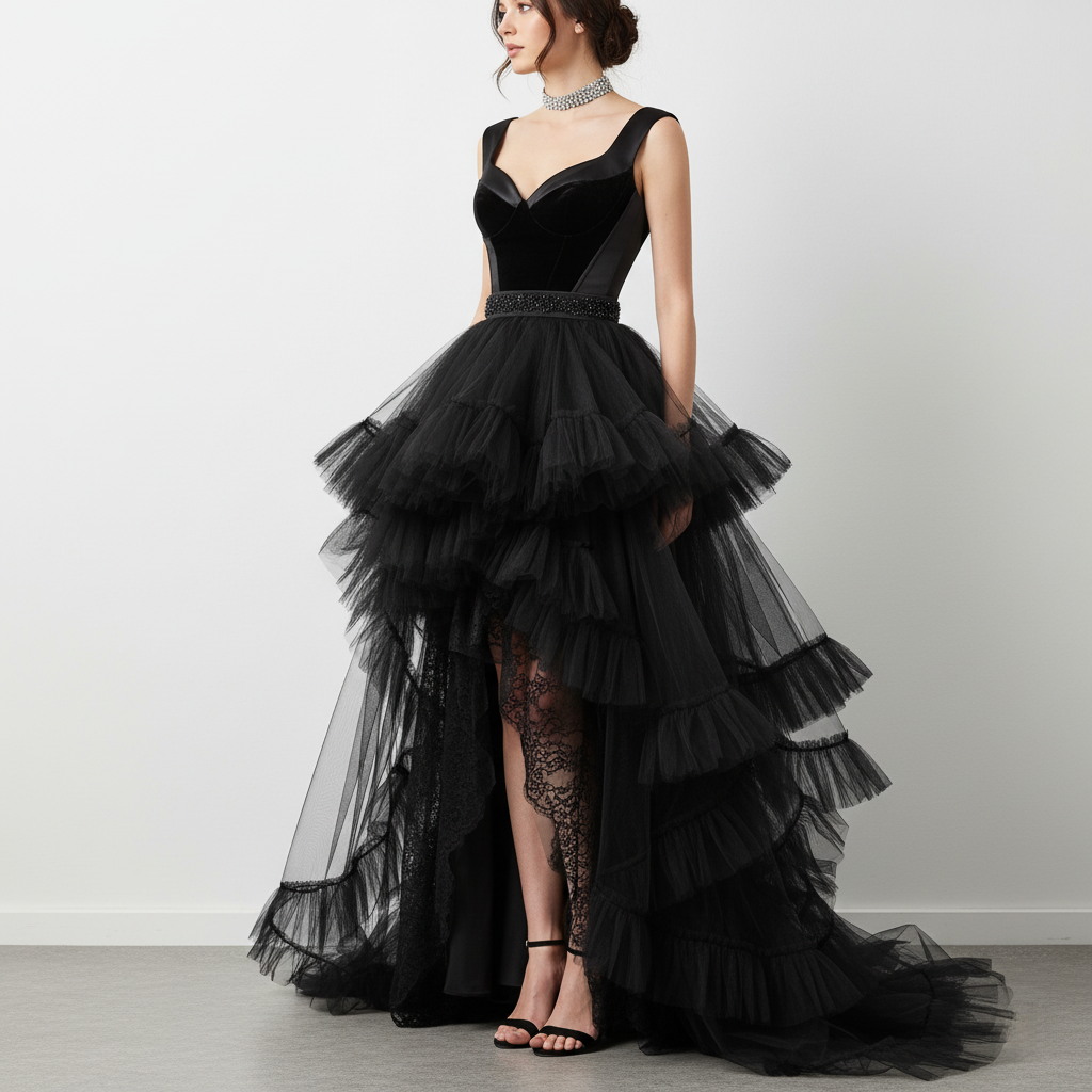 Elegant Black Tiered Ruffle High-Low Gown