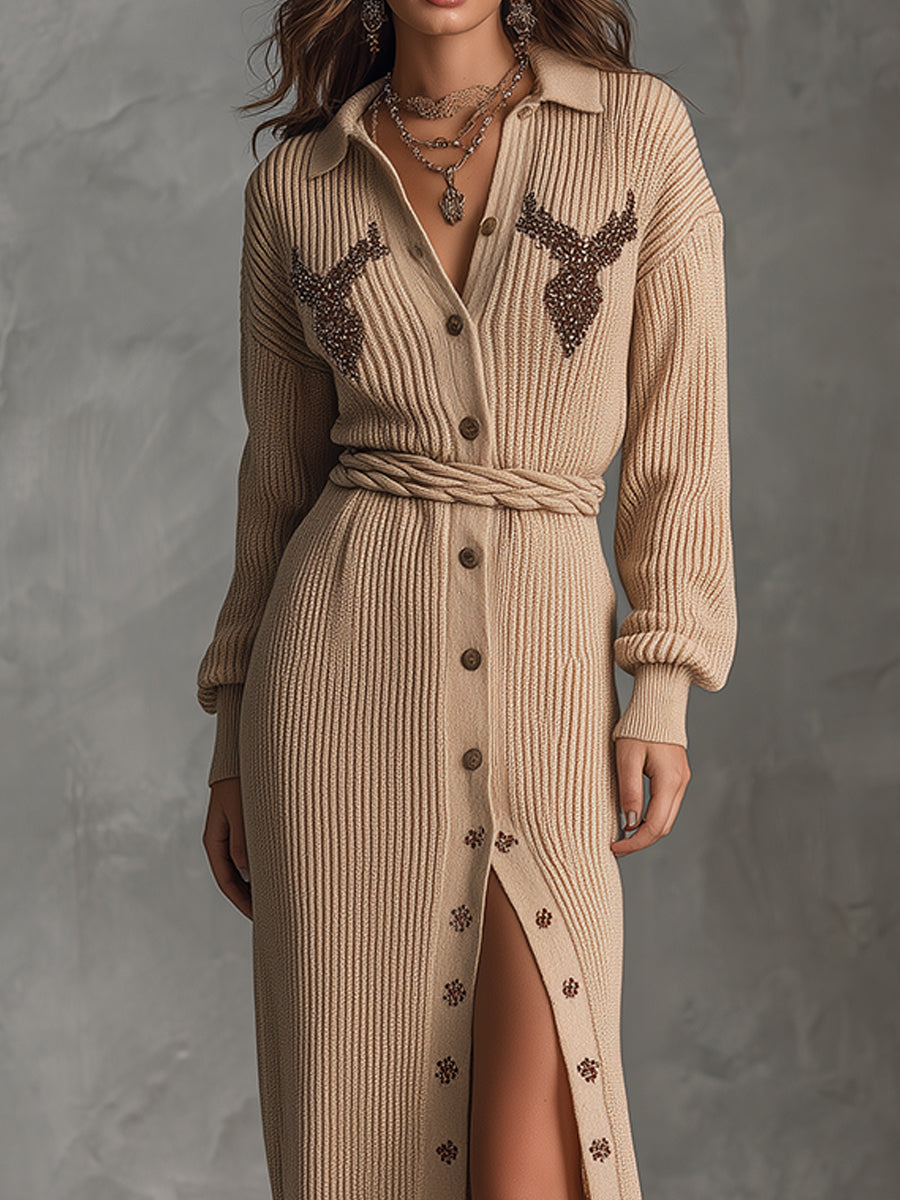 Bohemian Romance Caramel Reindeer Maxi Knit Dress