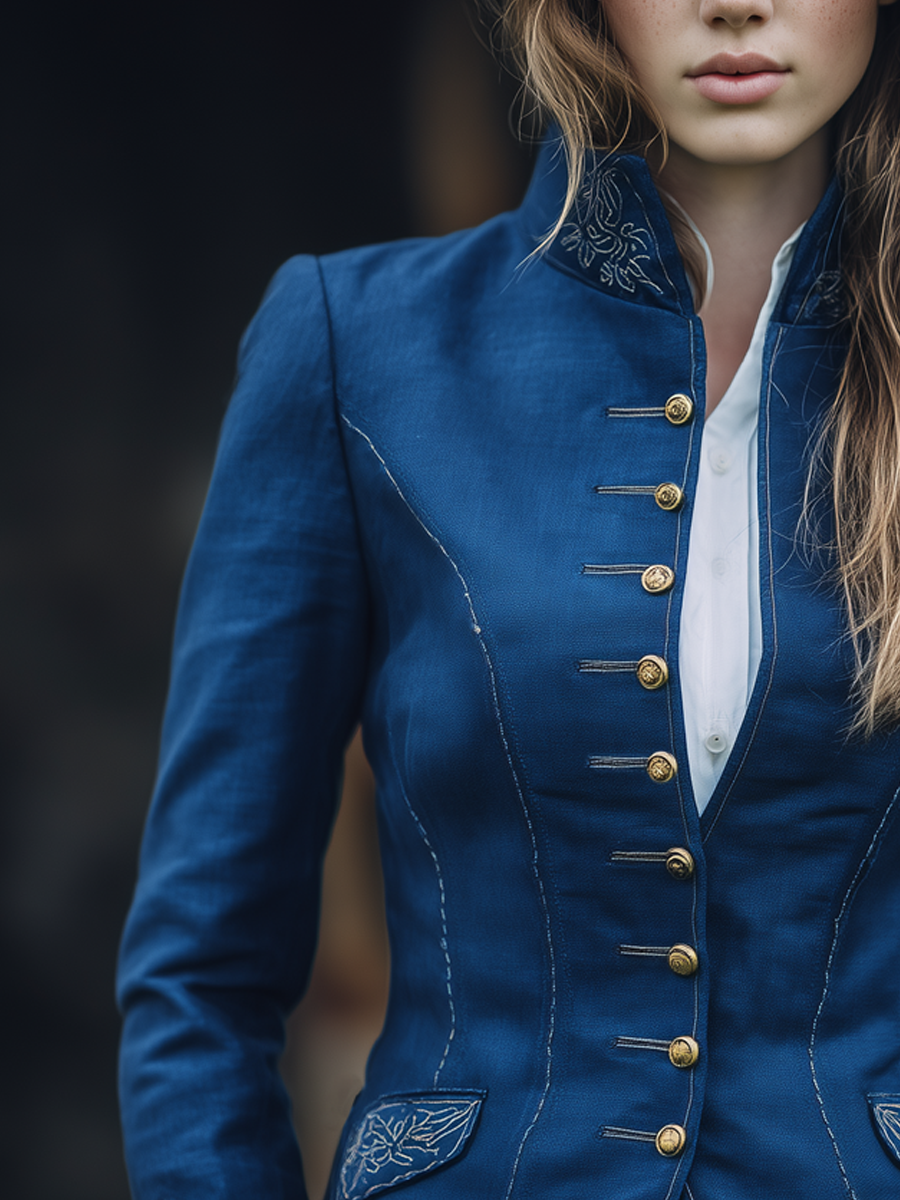 Vintage Embroidered Stand Collar Multi-Button Jacket
