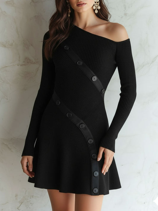 Asymmetric Off-Shoulder Black Ribbed Knit Mini Dress