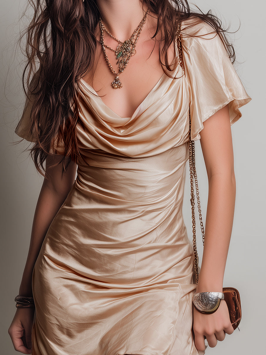 Elegant Draped Collar Satin Mini Dress With Ruffle Sleeves