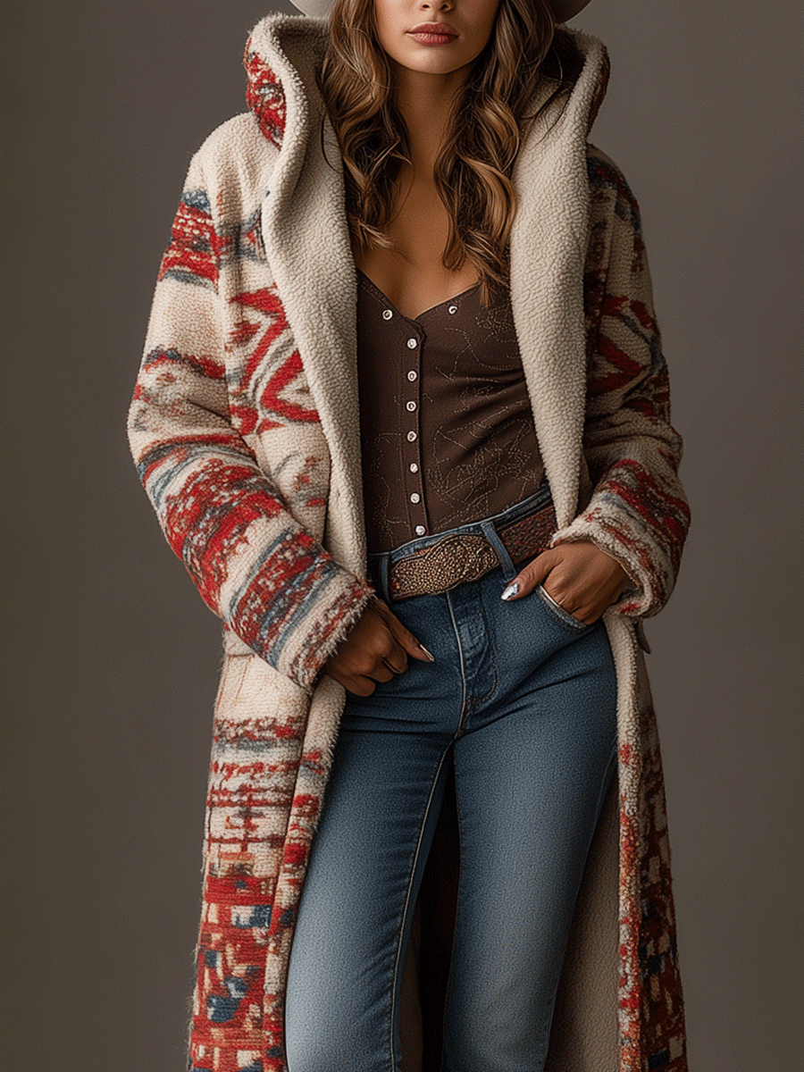 Bohe Tribal Pattern Long Sherpa Hooded Maxi Coat
