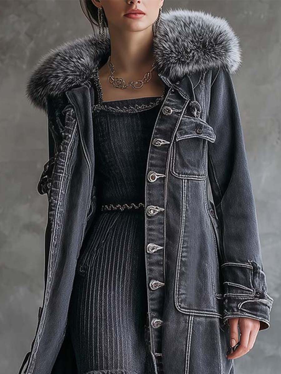 Vintage Washed Grey Denim Coat With Faux Fur Collar
