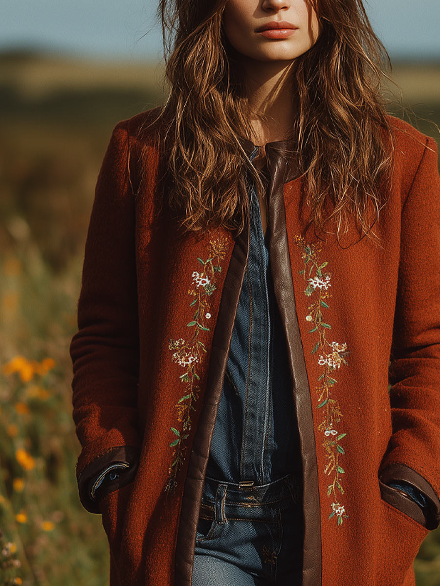 Retro Contrast Trim Embroidered Wool Blend Midi Jacket