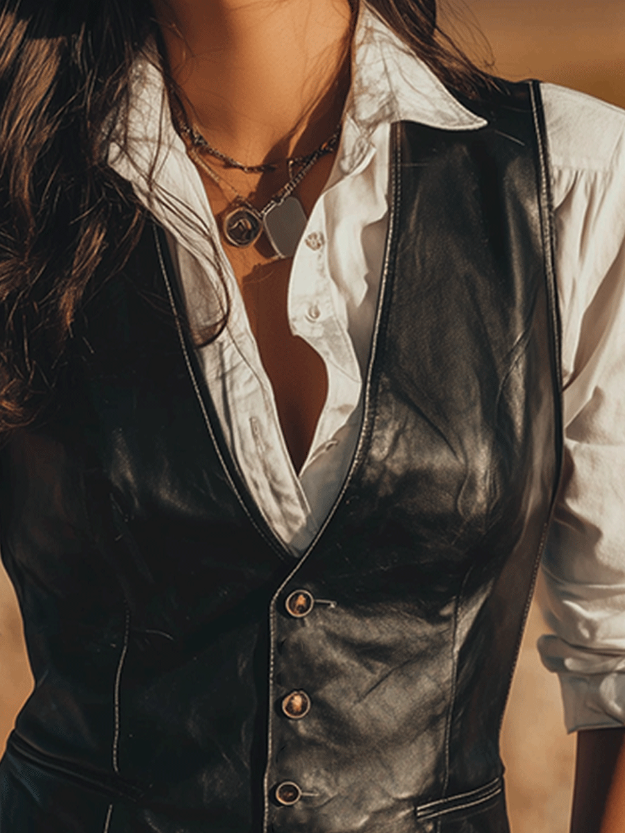 Vintage Western Black Faux Leather Vest