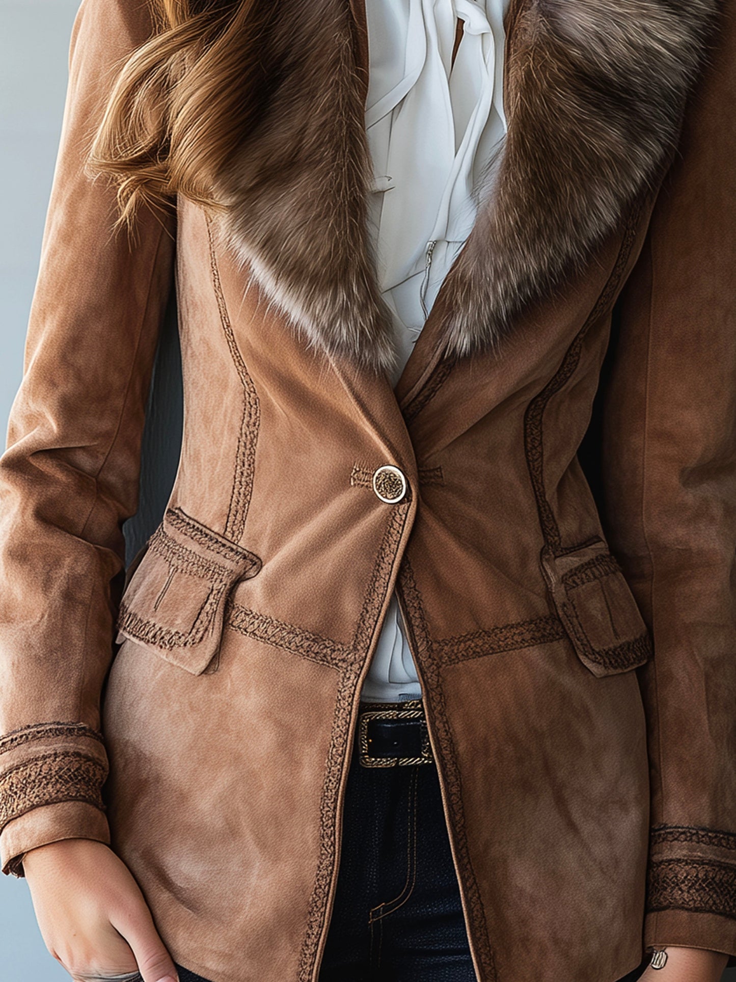 Vintage Camel Suede Braided Jacket With Eco Fur Collar