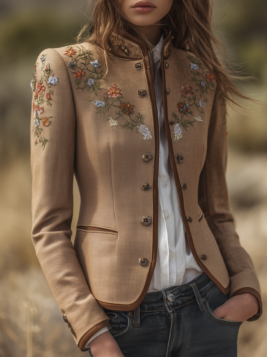 Vintage Embroidered Pocket Contrast Trim Jacket
