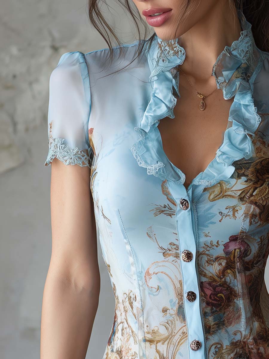 Vintage Baroque Floral Ruffle Neck Chiffon Blouse