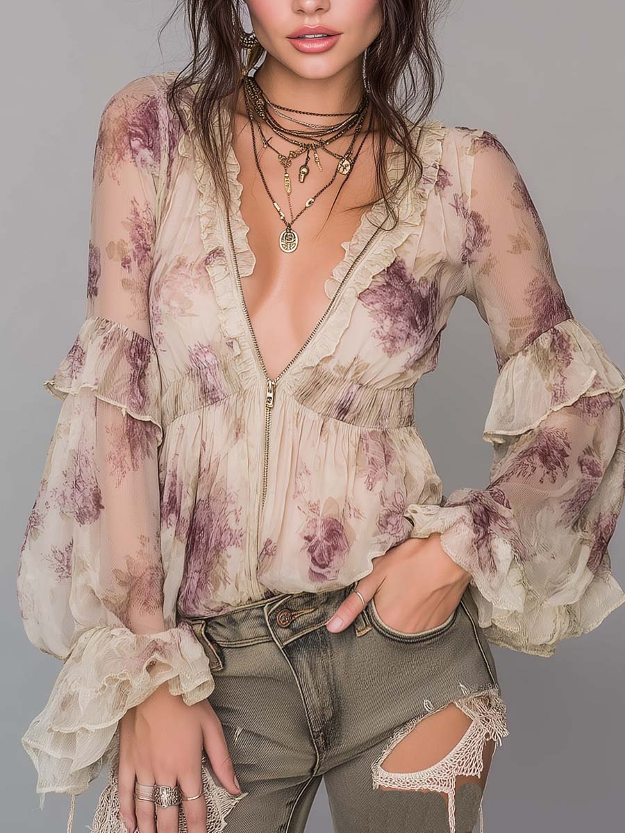 Vintage Zippered Collar Ruffled Floral Blouse