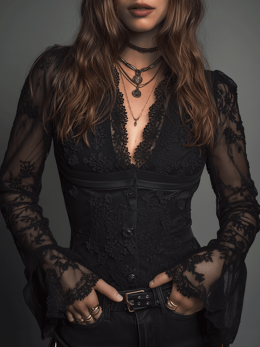 Elegant Black Lace Victorian Corset Blouse