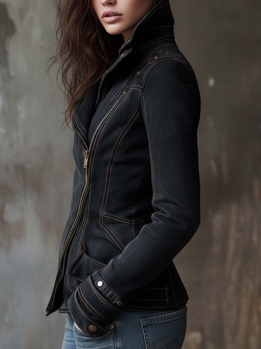 Vintage Washed Denim Moto Jacket – Charcoal Edge