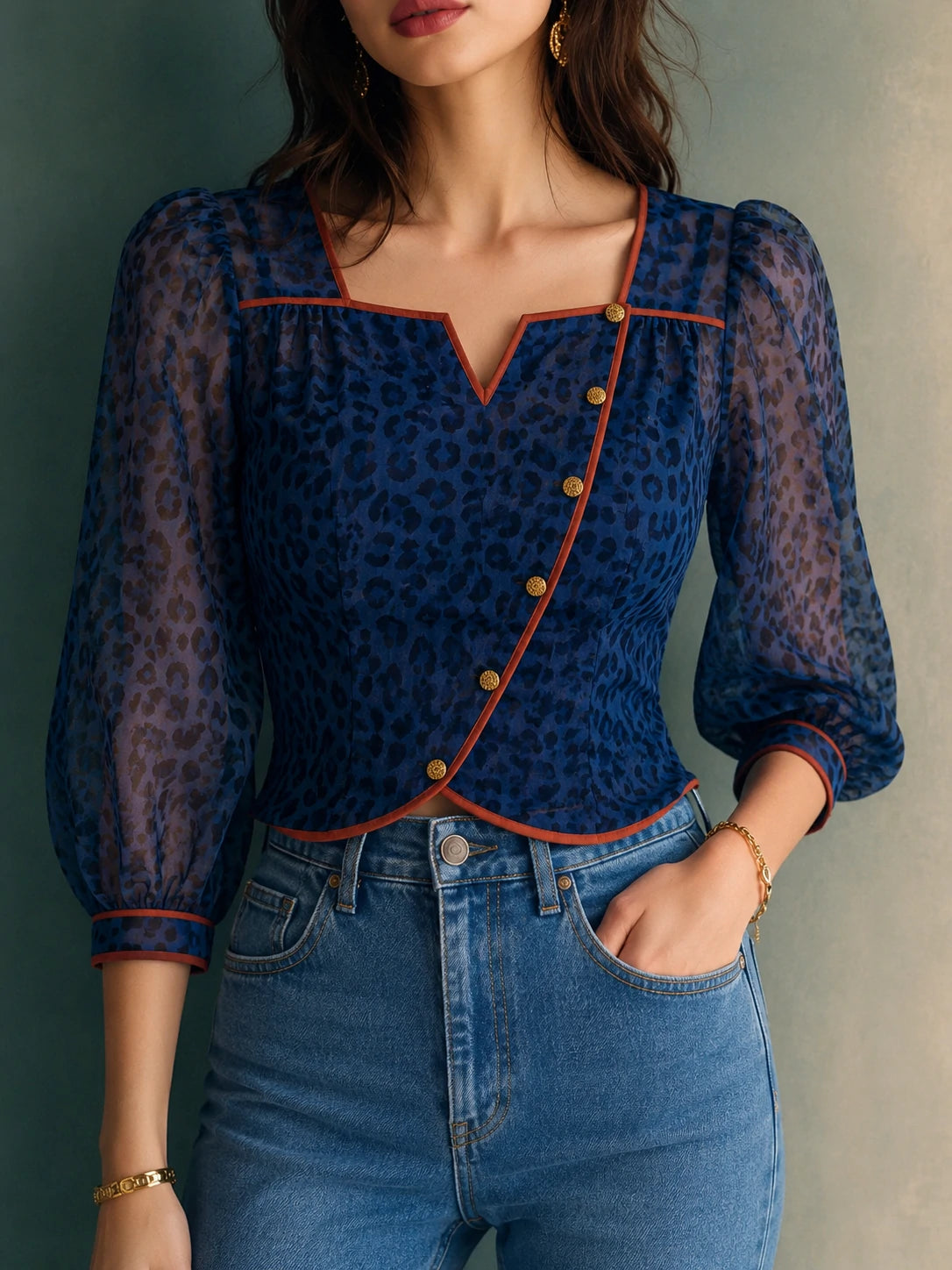Sapphire Leopard Print Square-Neck Chiffon Top