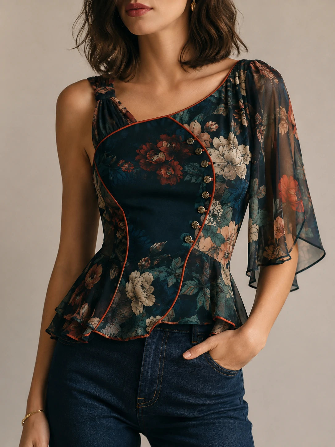 Teal Botanical One-Shoulder Peplum Blouse