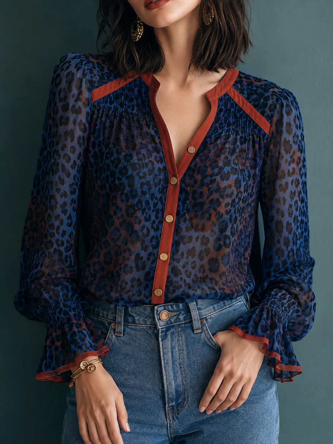 Navy Leopard Print V-Neck Chiffon Shirt