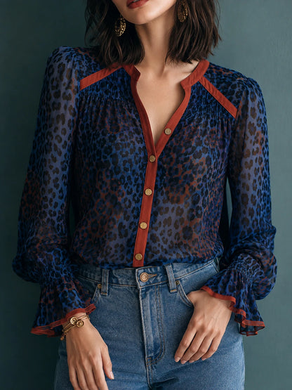 Navy Leopard Print V-Neck Chiffon Shirt