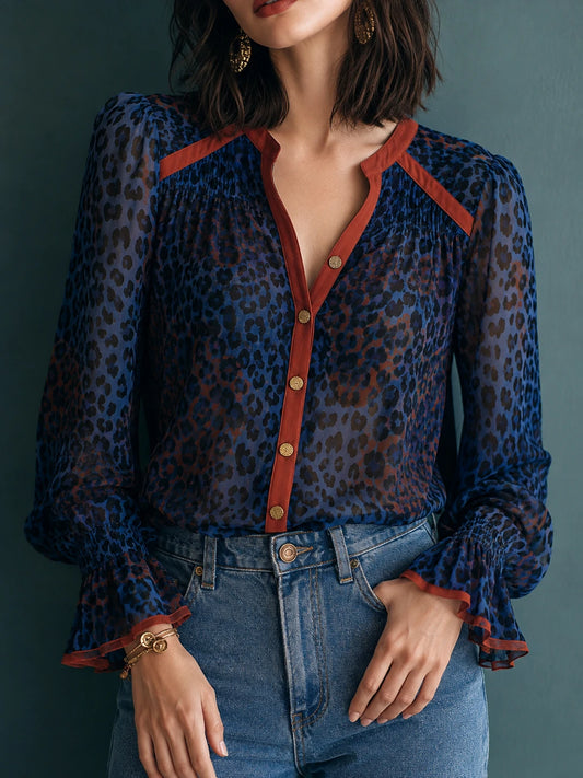 Navy Leopard Print V-Neck Chiffon Shirt