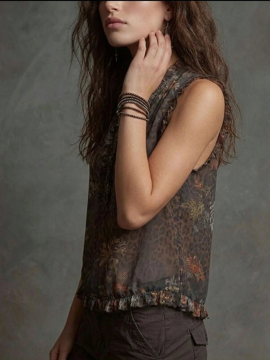 Boho Chiffon Sleeveless Leopard Floral Ruffle Top