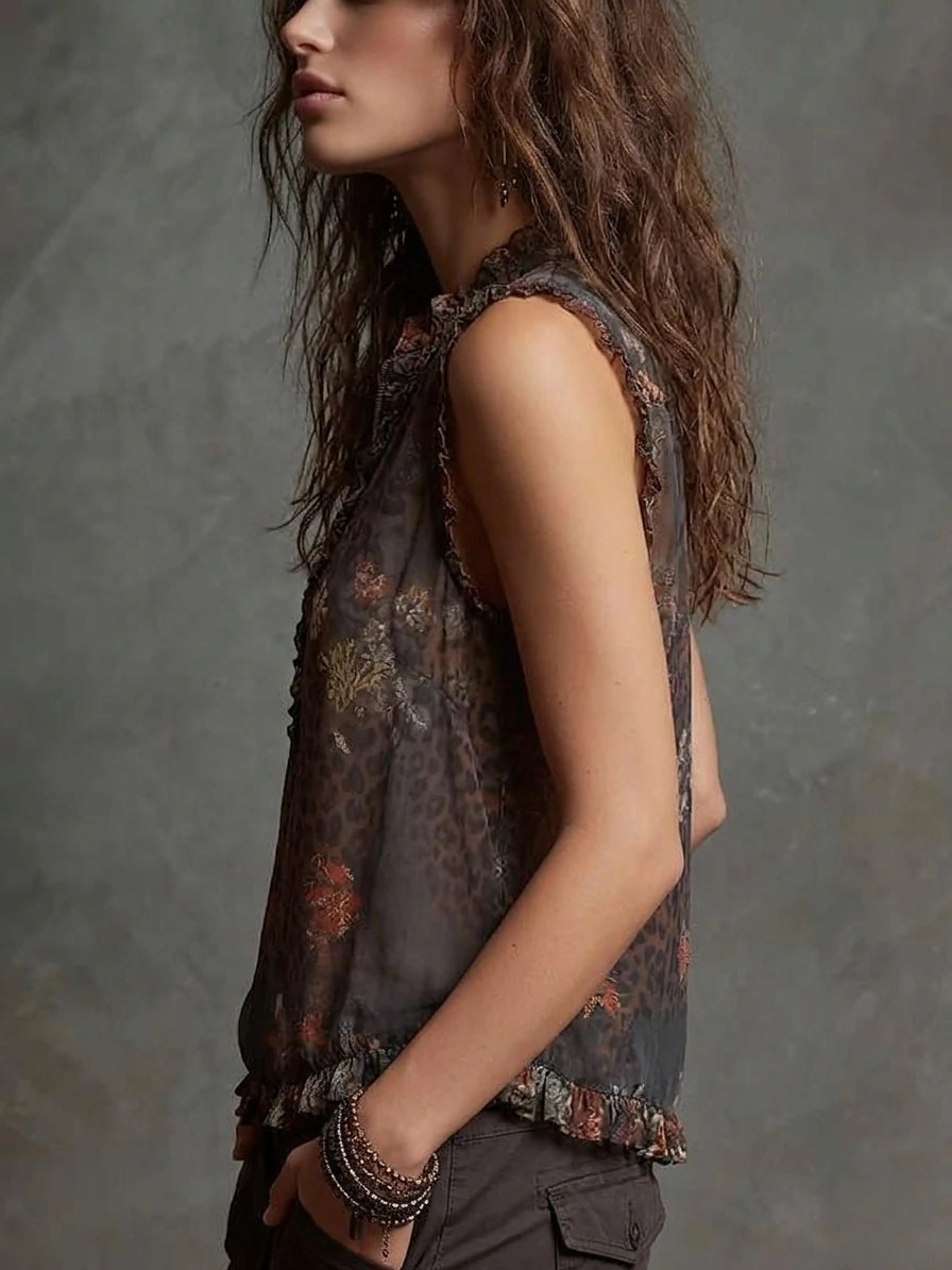 Boho Chiffon Sleeveless Leopard Floral Ruffle Top