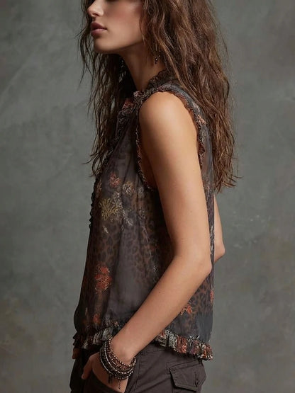 Boho Chiffon Sleeveless Leopard Floral Ruffle Top