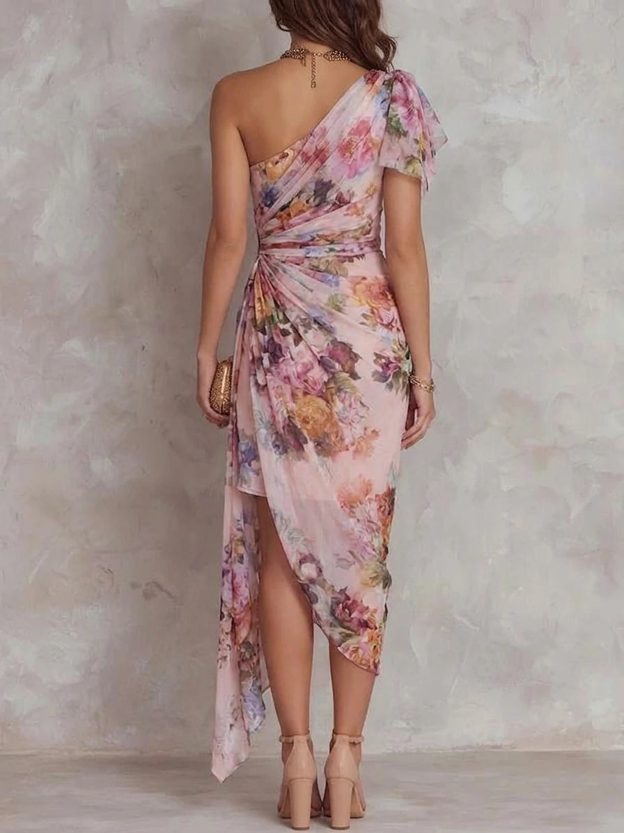 Vintage-Elegant One-Shoulder Floral Chiffon Midi Dress