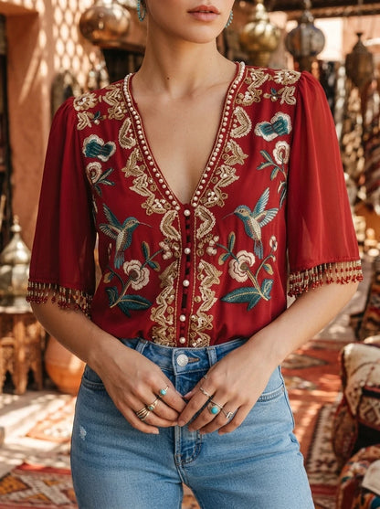 Elegant Embroidered V-Neck Blouse - Hummingbird & Floral Design