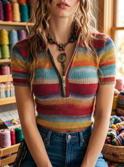 Retro Zipper Collar Colorful Striped Short Sleeve Knitted Blouse