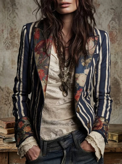 Bohemian Floral Print Cotton And Linen Striped Blazer
