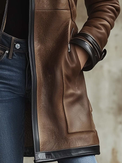 Women's Vintage Contrast Collar Faux Leather Jacket