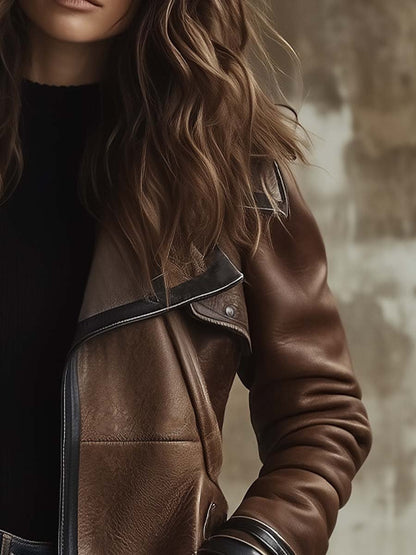 Women's Vintage Contrast Collar Faux Leather Jacket