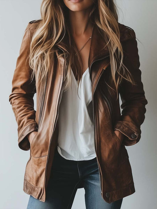 Women's Vintage Lapel Zipper Faux Leather Jacket