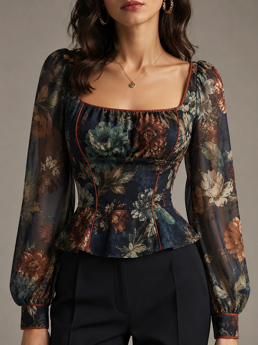 Midnight Floral Tapestry Square-Neck Peplum Blouse