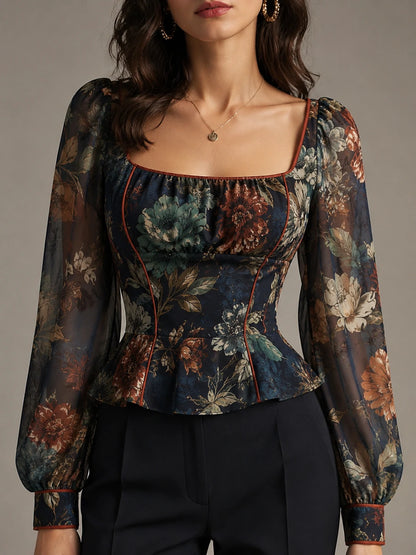 Midnight Floral Tapestry Square-Neck Peplum Blouse