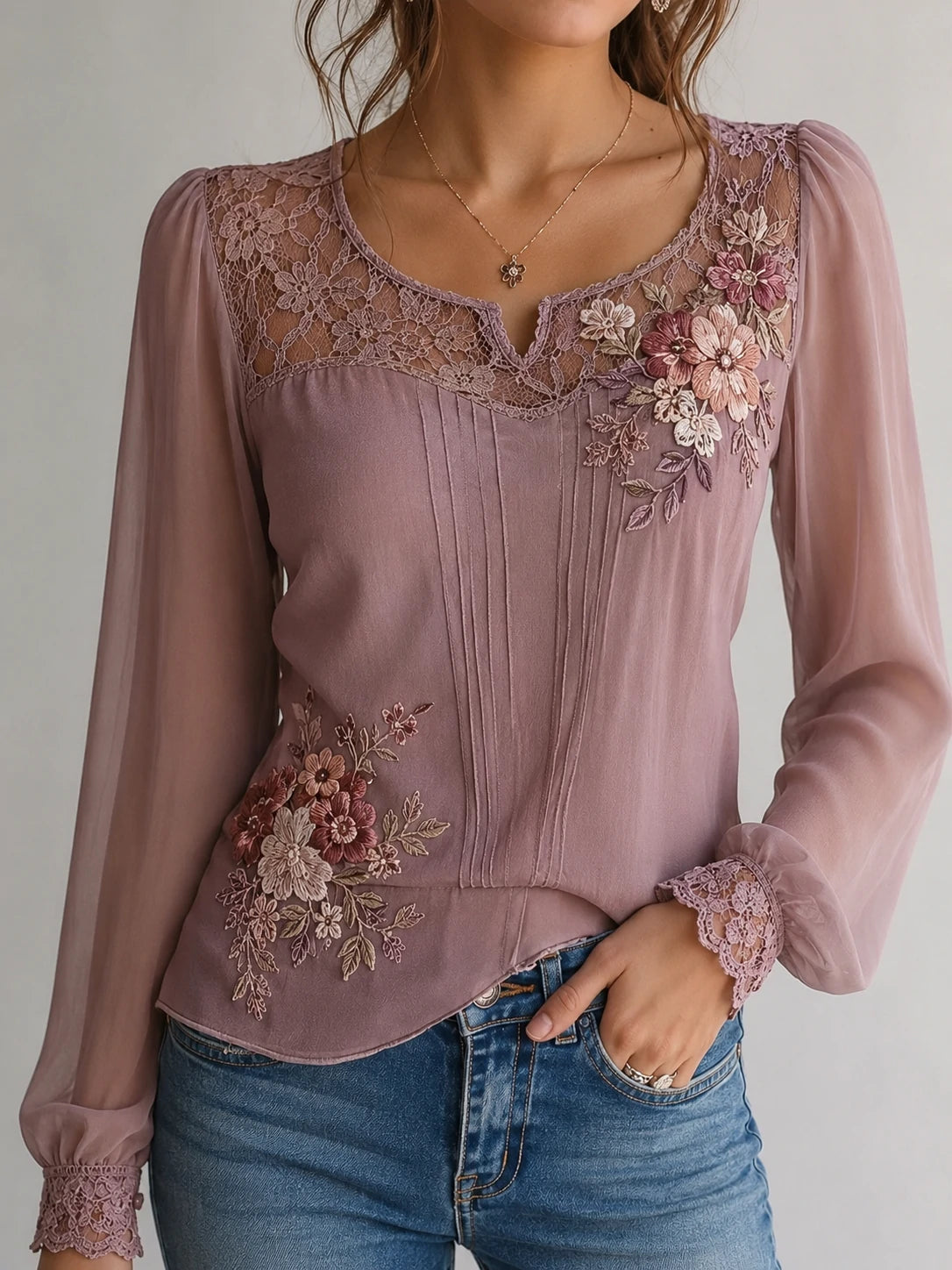 Dusty Rose Floral Embroidery Lace-Yoke Chiffon Blouse