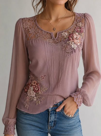 Dusty Rose Floral Embroidery Lace-Yoke Chiffon Blouse