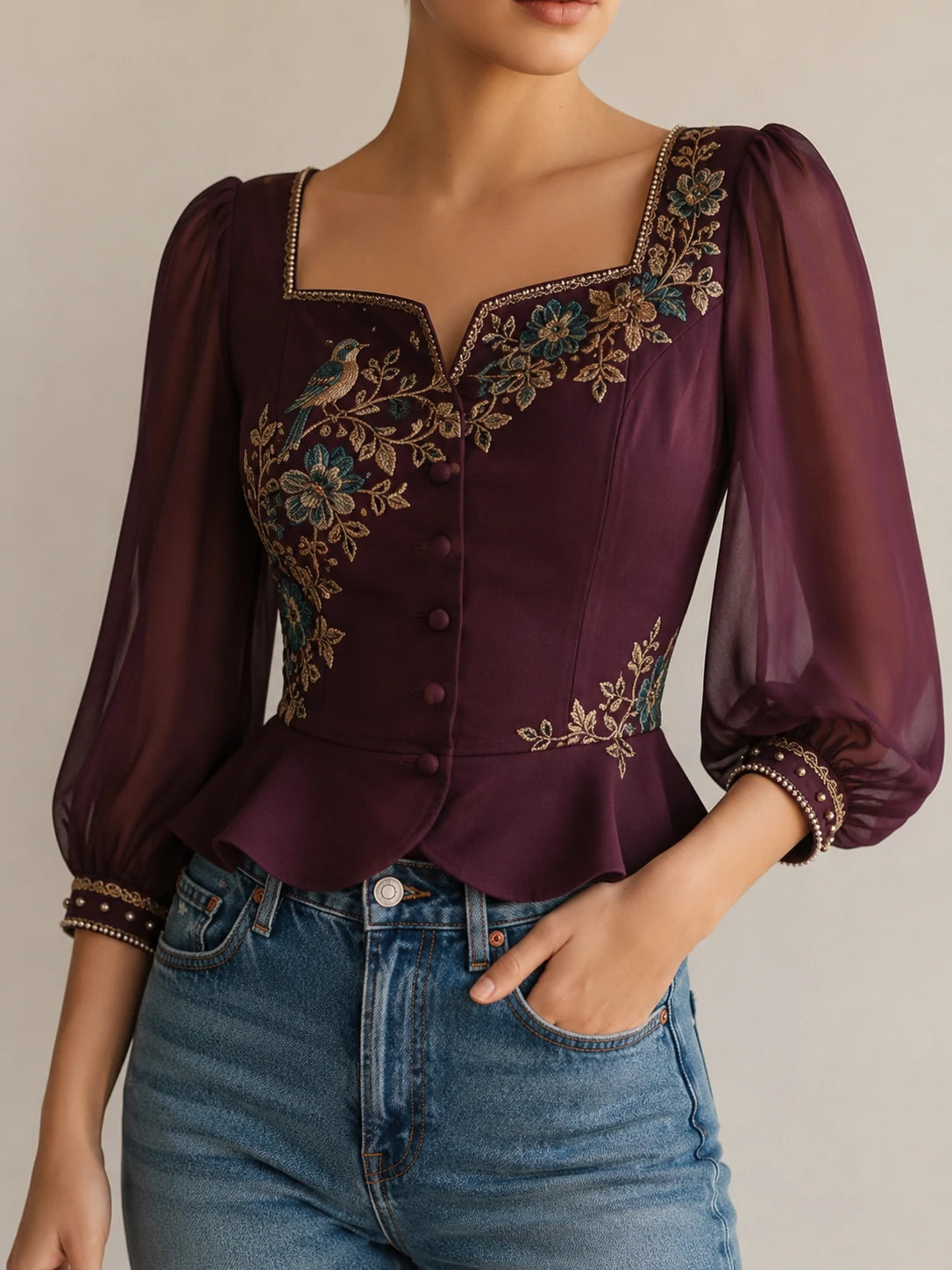 Plum Bird & Floral Embroidered Peplum Blouse