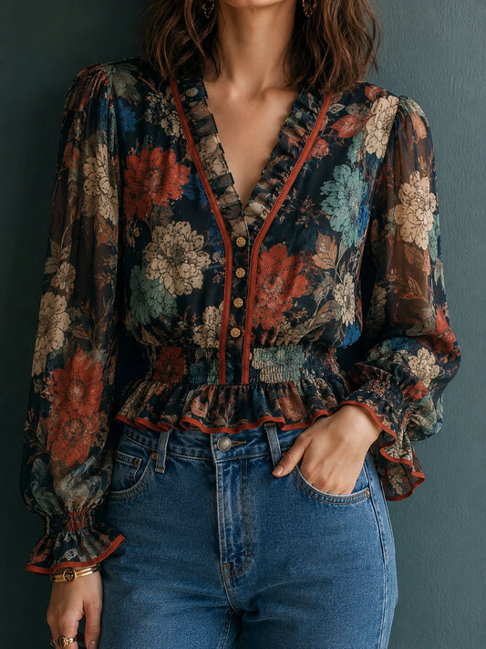 Dark Floral V-Neck Smocked Peplum Blouse