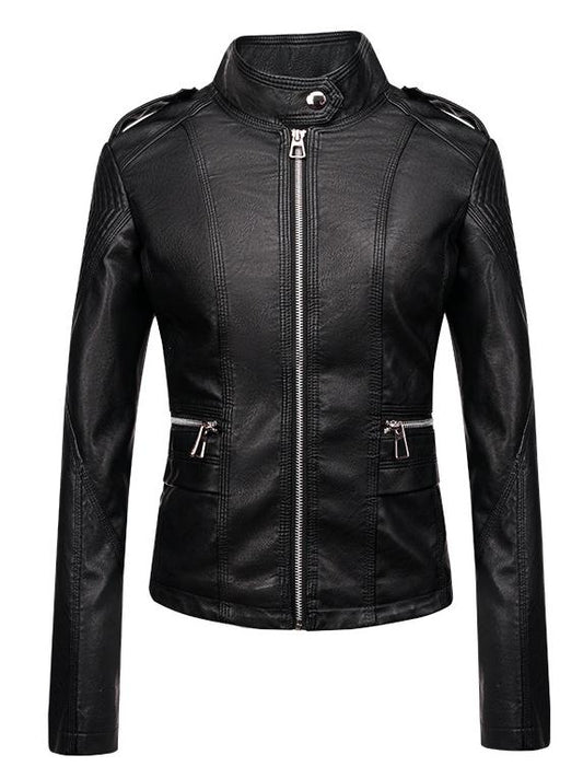 Stylish Slim Fit Stand Collar Biker Leatehr Jacket