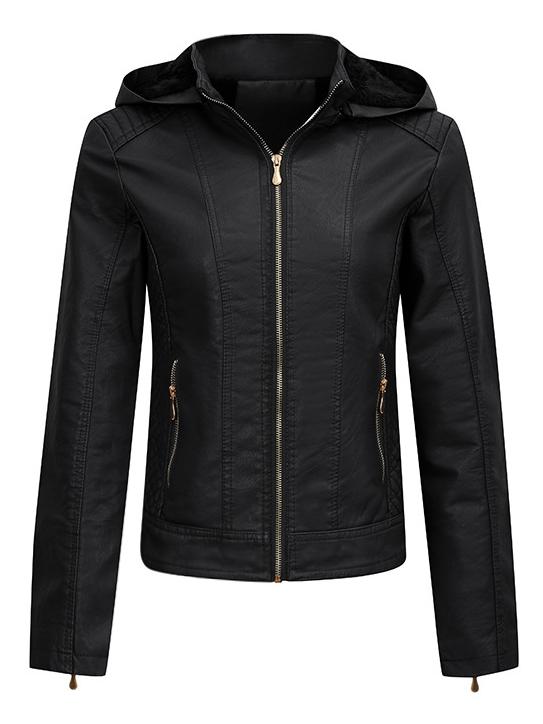 Women Warm Fleece Lined Zipper Hooded Leather Jacket