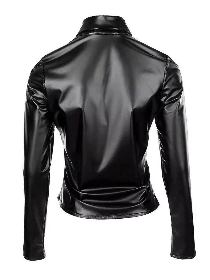 Stylish Rivet Waist-cinched Stretch Long Sleeve Leather Shirt