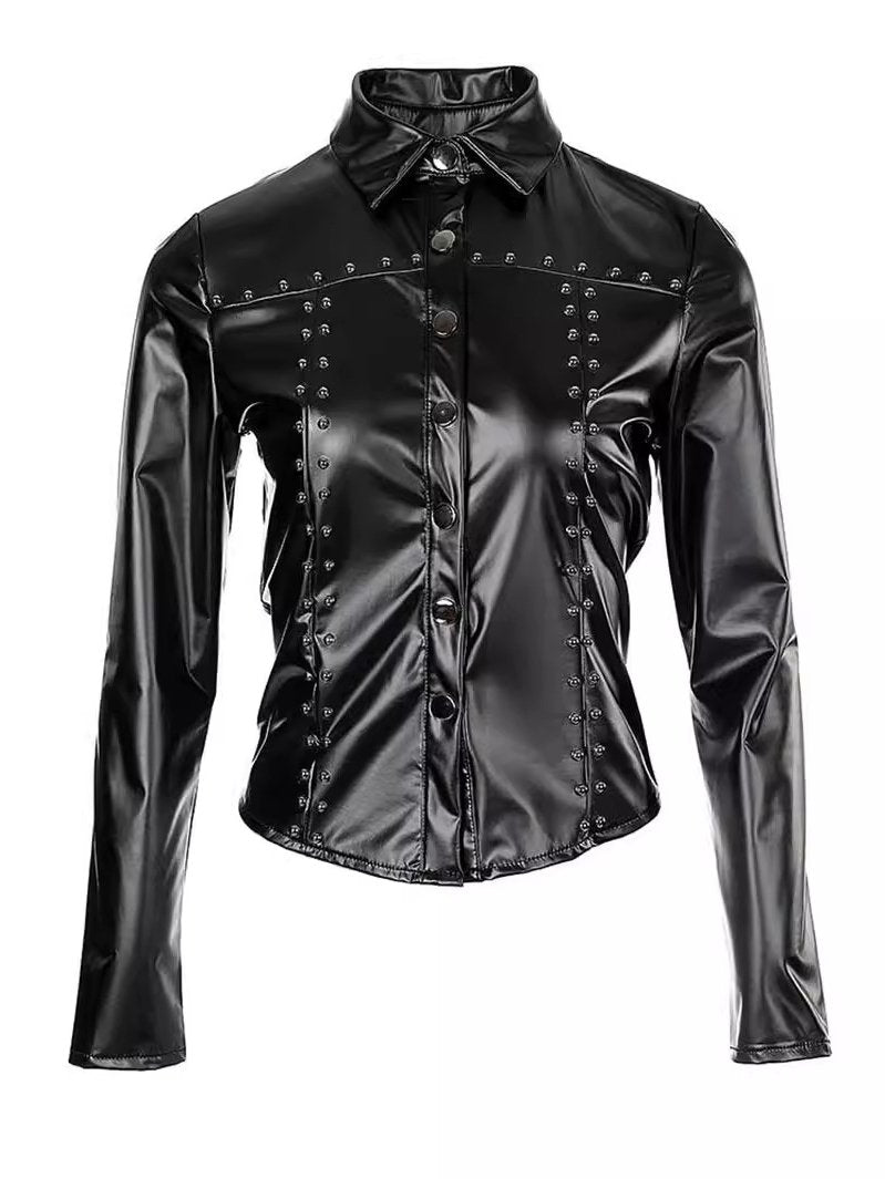 Stylish Rivet Waist-cinched Stretch Long Sleeve Leather Shirt