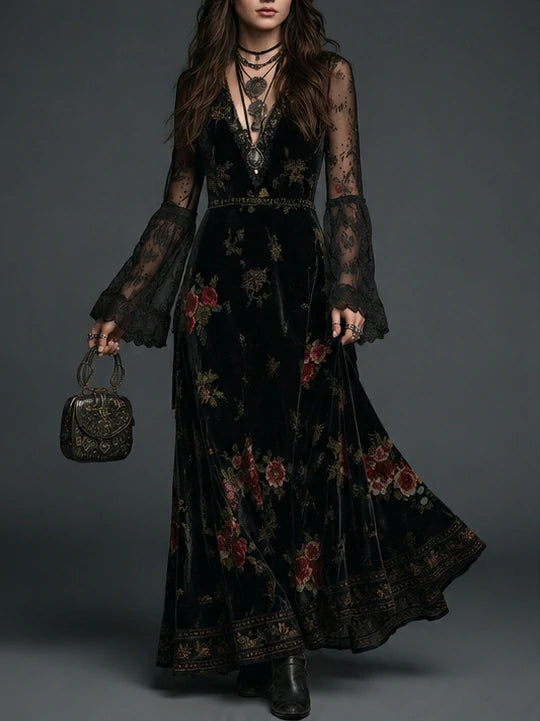 Vintage Black Velvet Floral Lace Sleeve Maxi Dress