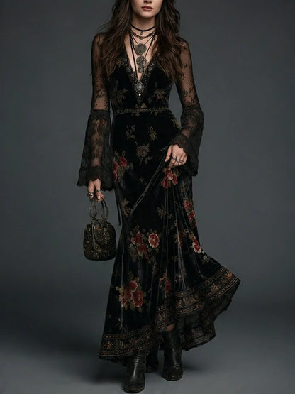 Vintage Black Velvet Floral Lace Sleeve Maxi Dress