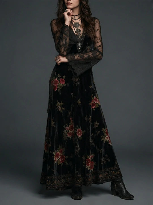 Vintage Black Velvet Floral Lace Sleeve Maxi Dress