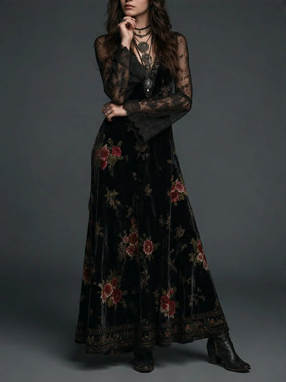 Vintage Black Velvet Floral Lace Sleeve Maxi Dress