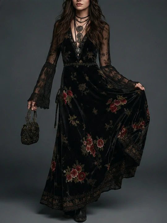 Vintage Black Velvet Floral Lace Sleeve Maxi Dress